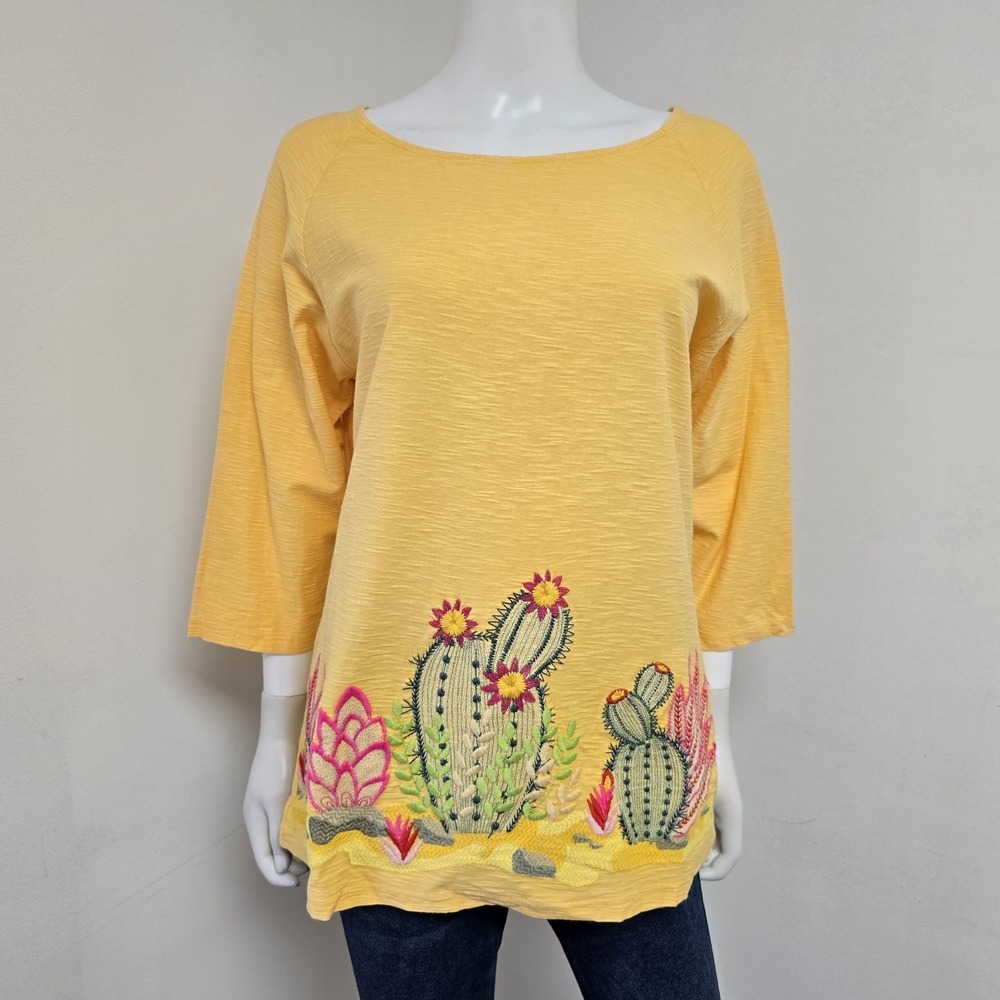 Avani Del Amour Cactus Succulent Plant Embroidered Boho Top Size S Yellow NWT